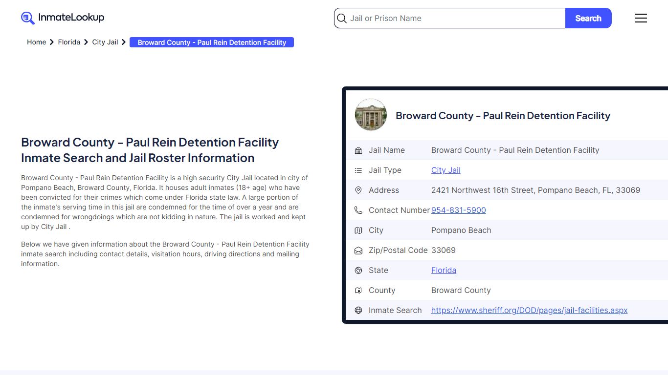 Broward County - Paul Rein Detention Facility Inmate Search, Jail ...
